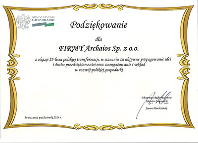 Podziękowanie dla firmy Archaios Sp. z o.o.